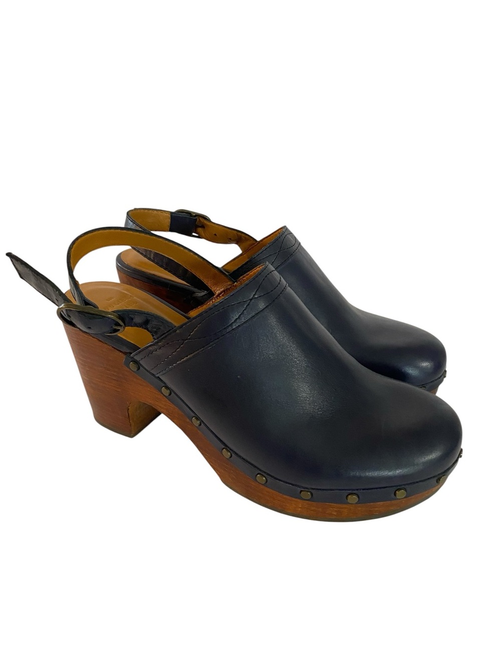 Sezane Taylor Clogs Size 10 Navy Blue Leather French Cottagecore Prairie Boho - Picture 3 of 10